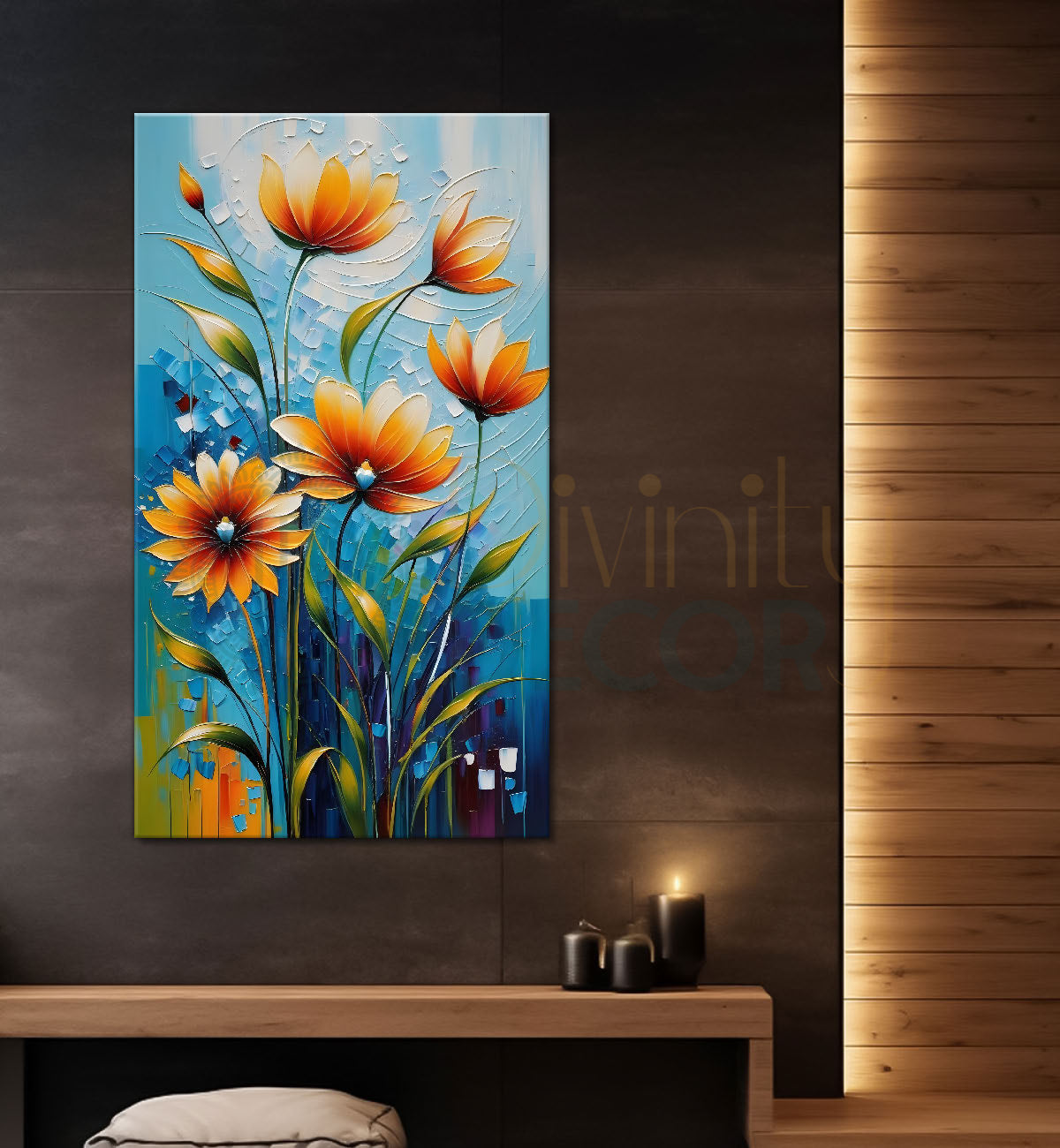 Orange flowers in blue textured background painting - Flower-V-24
