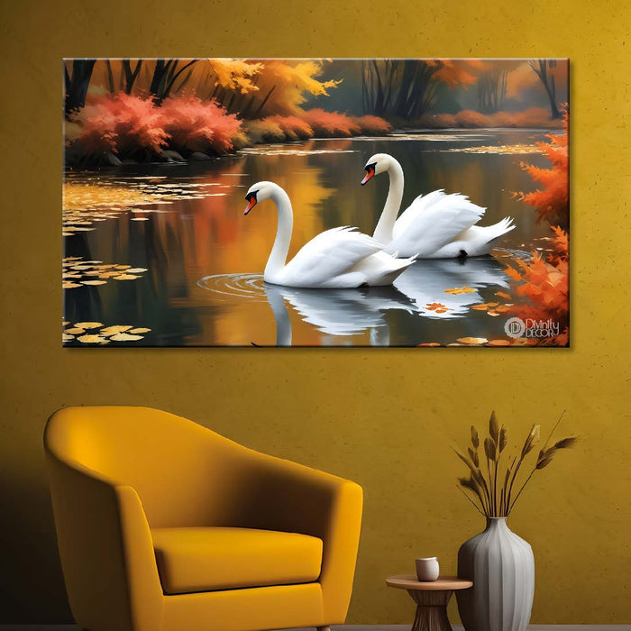 Two Swans floating in orange and yellow tree textured art. - Design - Animal -24