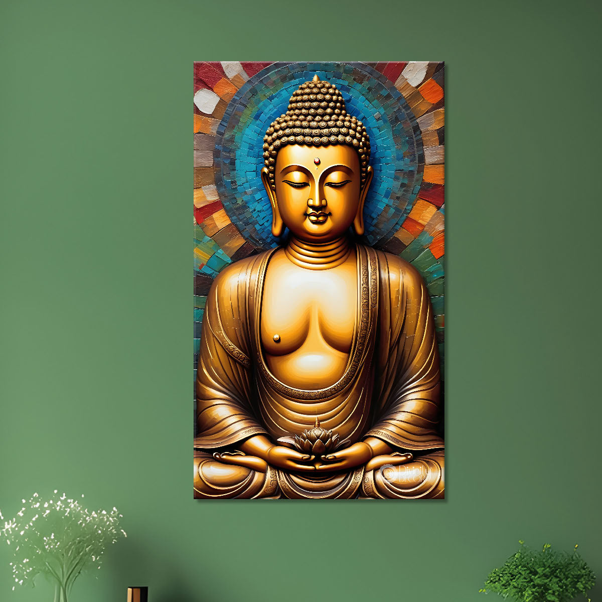 Golden buddha with colourful background textured painting - Buddha-V-24