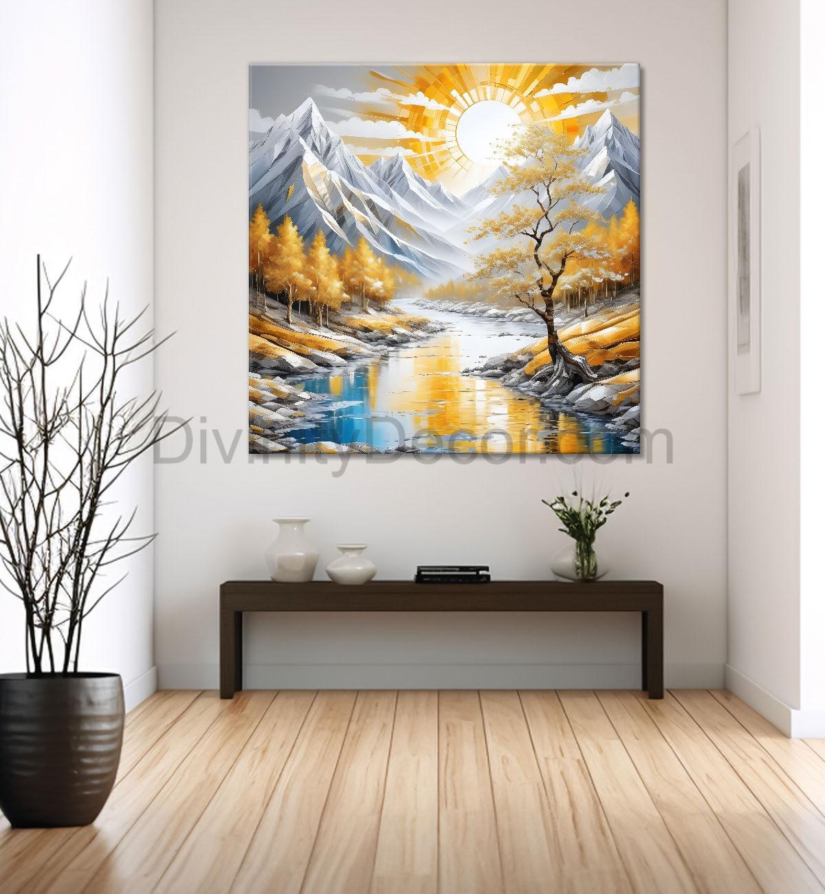 Colourful tree with lake in textured natural art painting Canvas Painting 24X24- Nature Art -S-24
