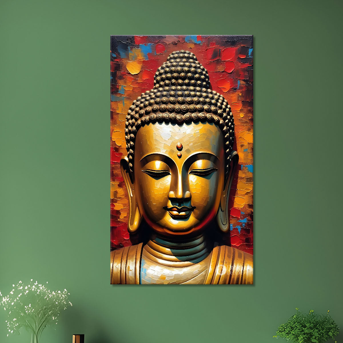 Golden buddha face with colourful background textured painting - Buddha-V-25