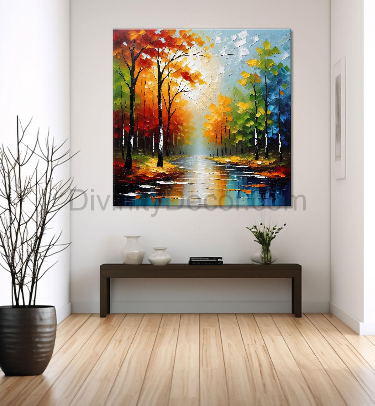 Colourful tree with lake in textured natural art painting Canvas Painting 24X24- Nature Art -S-25