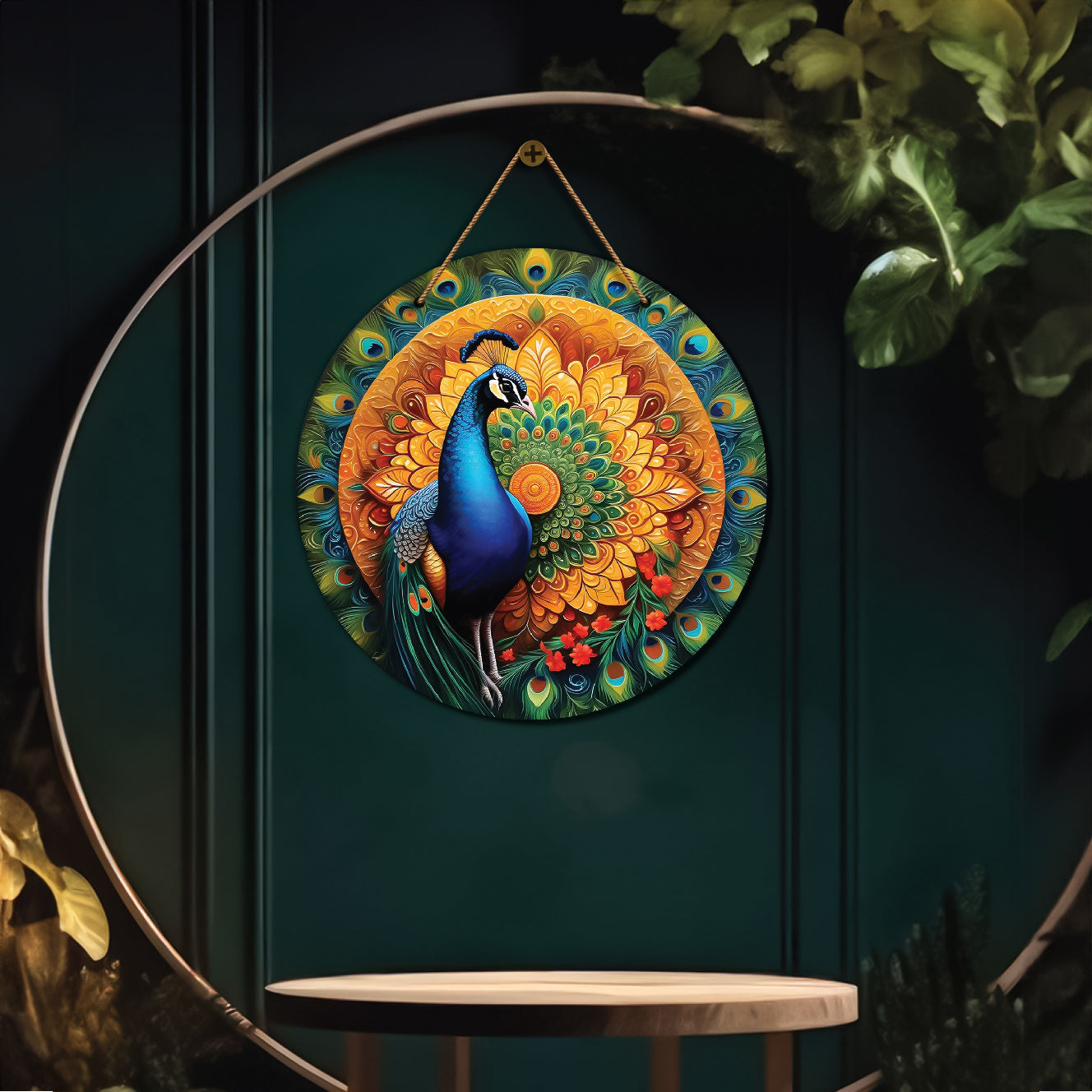 Peacock in green and mandala Round Wooden Wall Hanging for wall Décor - Design - 25