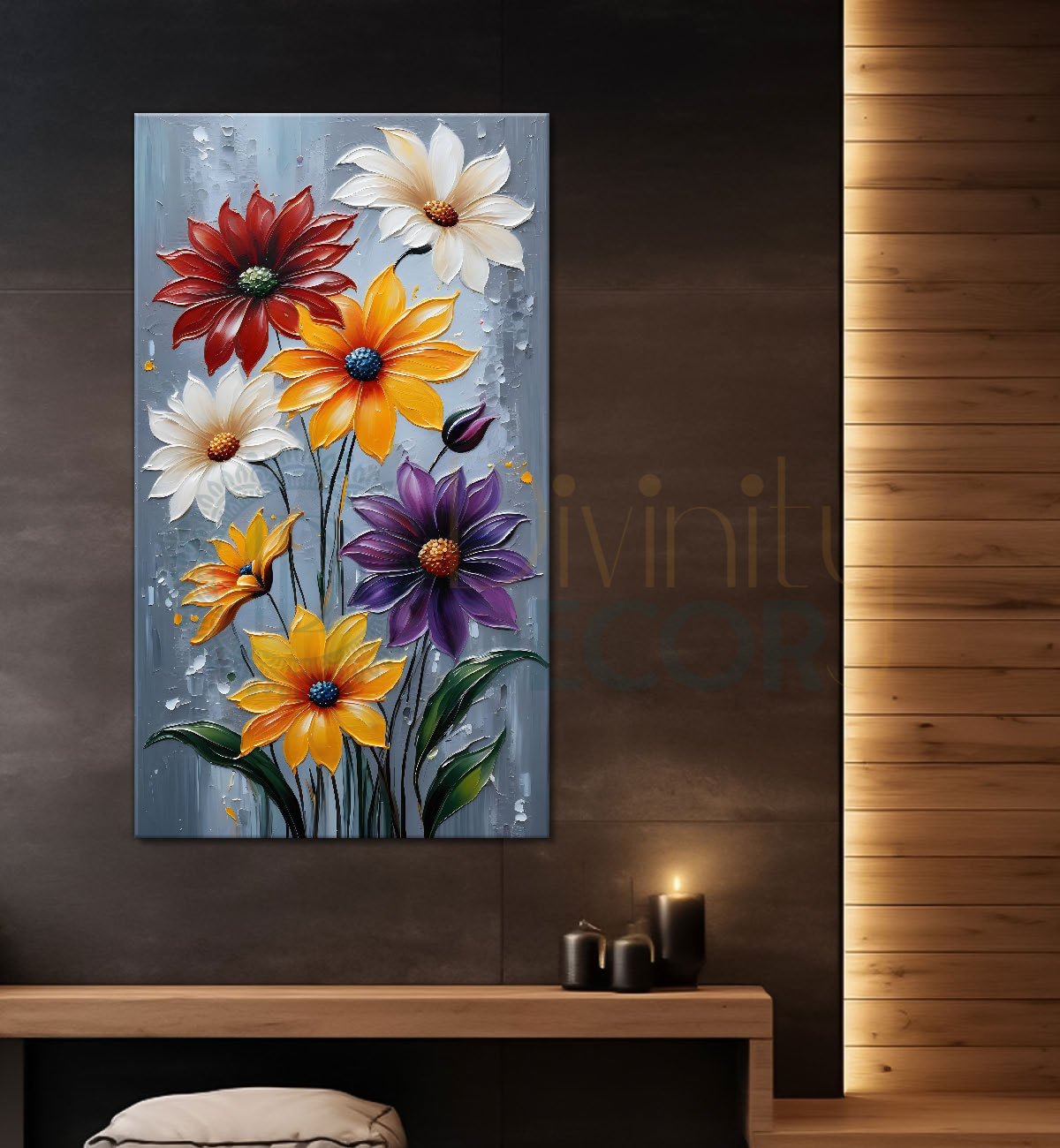 Colourful flowers in grey textured background painting - Flower-V-25