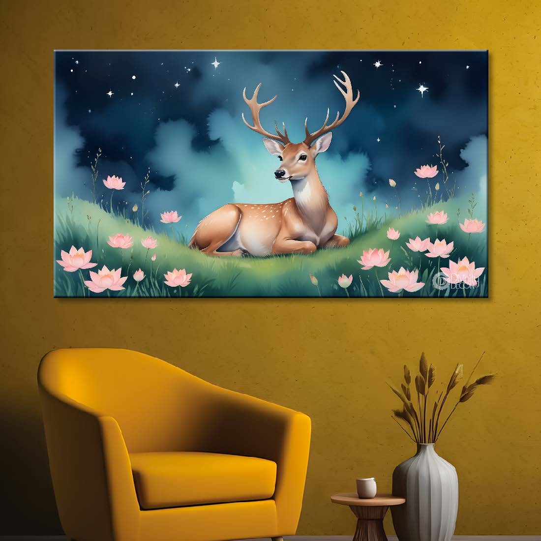 Deer lotus in blue textured background art.- Design - Animal -26