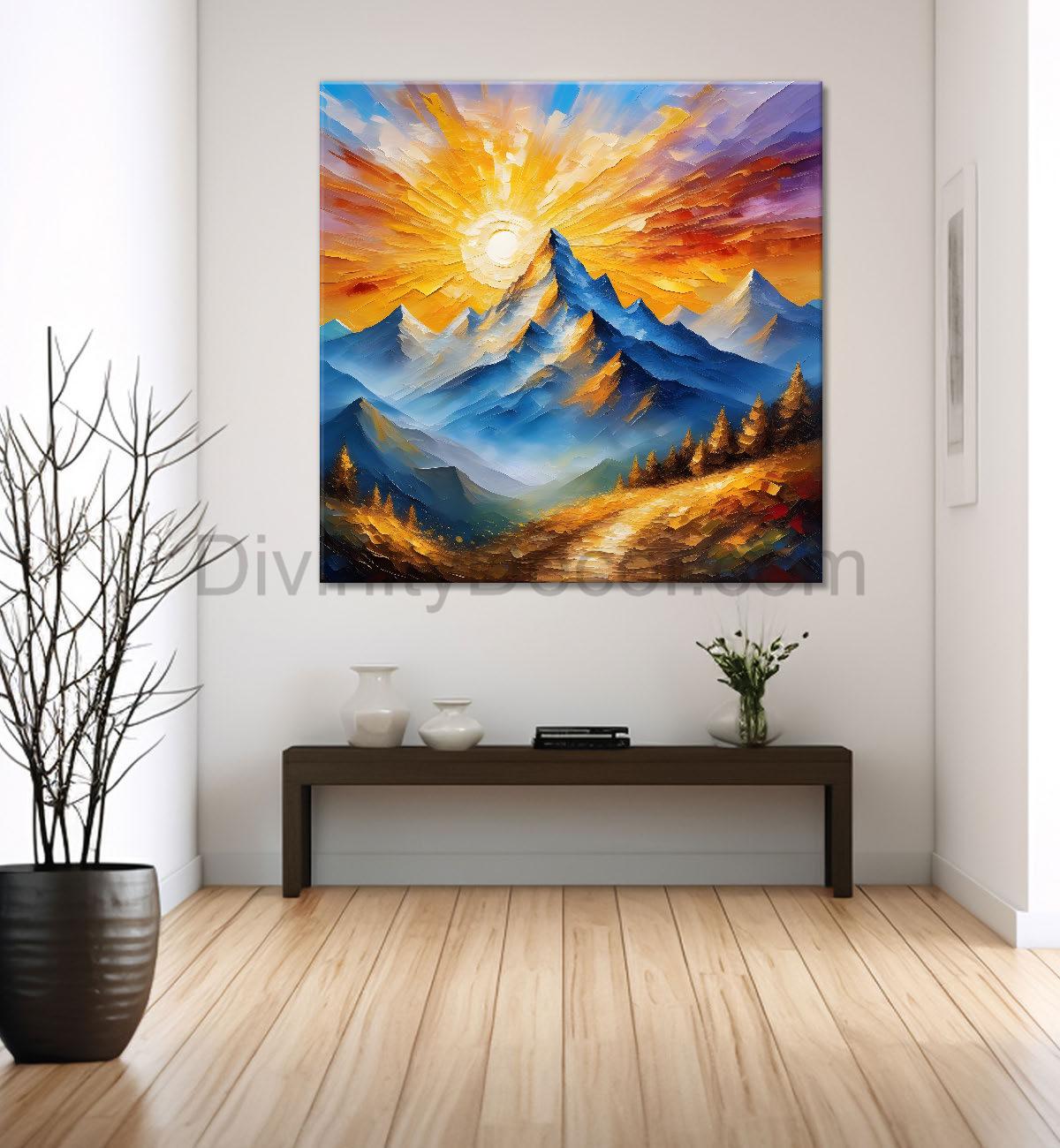 Mountains with sunrise textured painting Canvas Painting 24X24- Nature Art -S-26