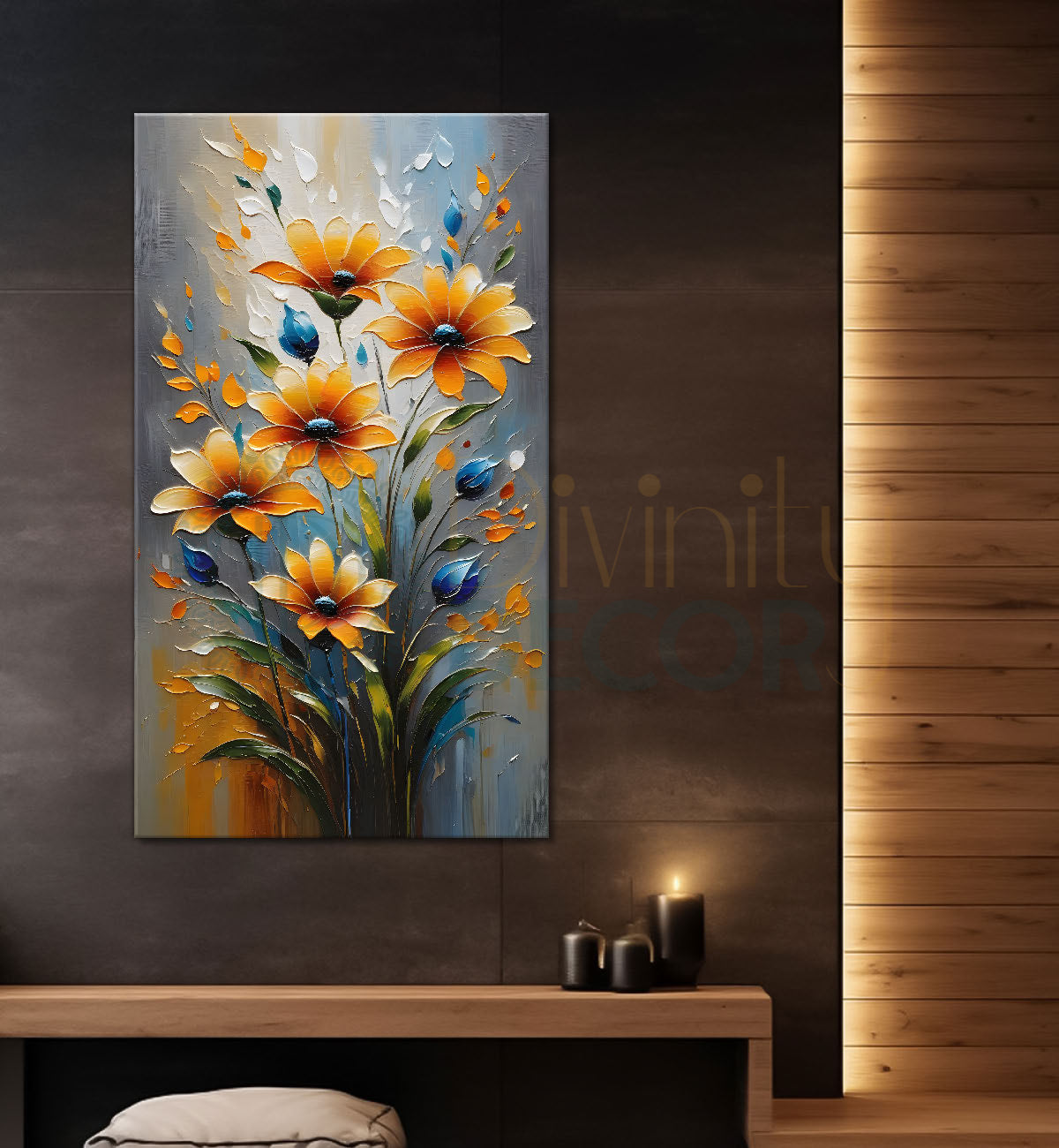 Yellow flowers in grey textured background painting - Flower-V-26