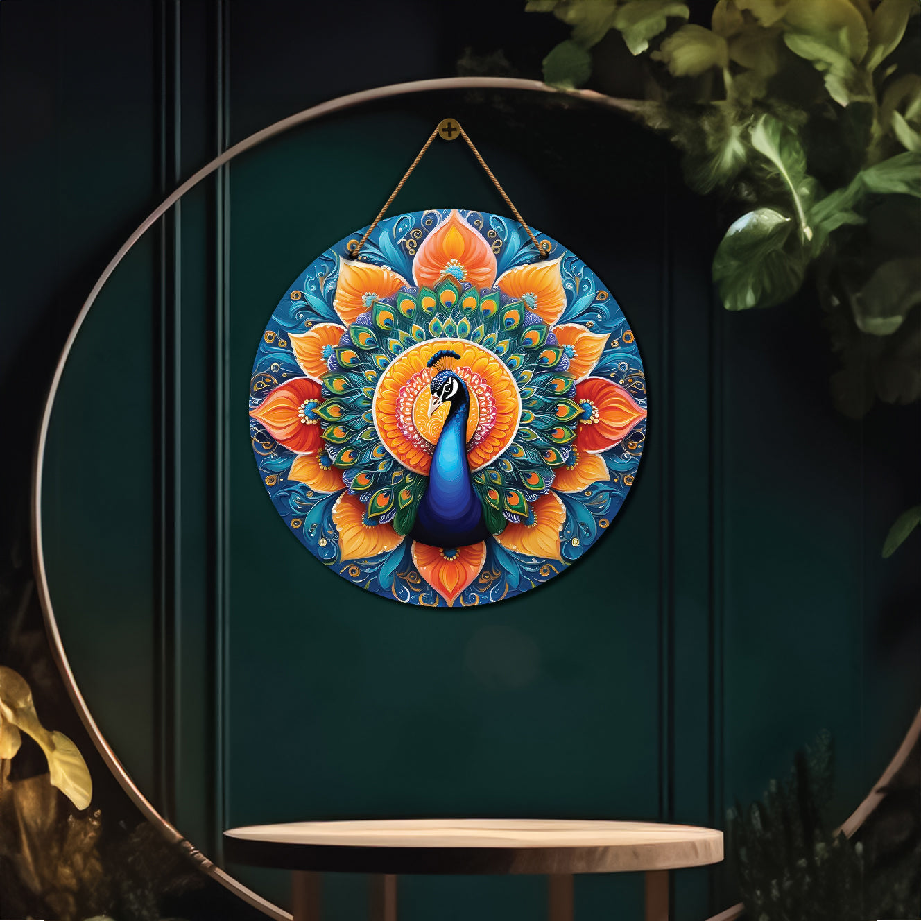 Peacock in orange and blue mandala Round Wooden Wall Hanging for wall Décor - Design - 26