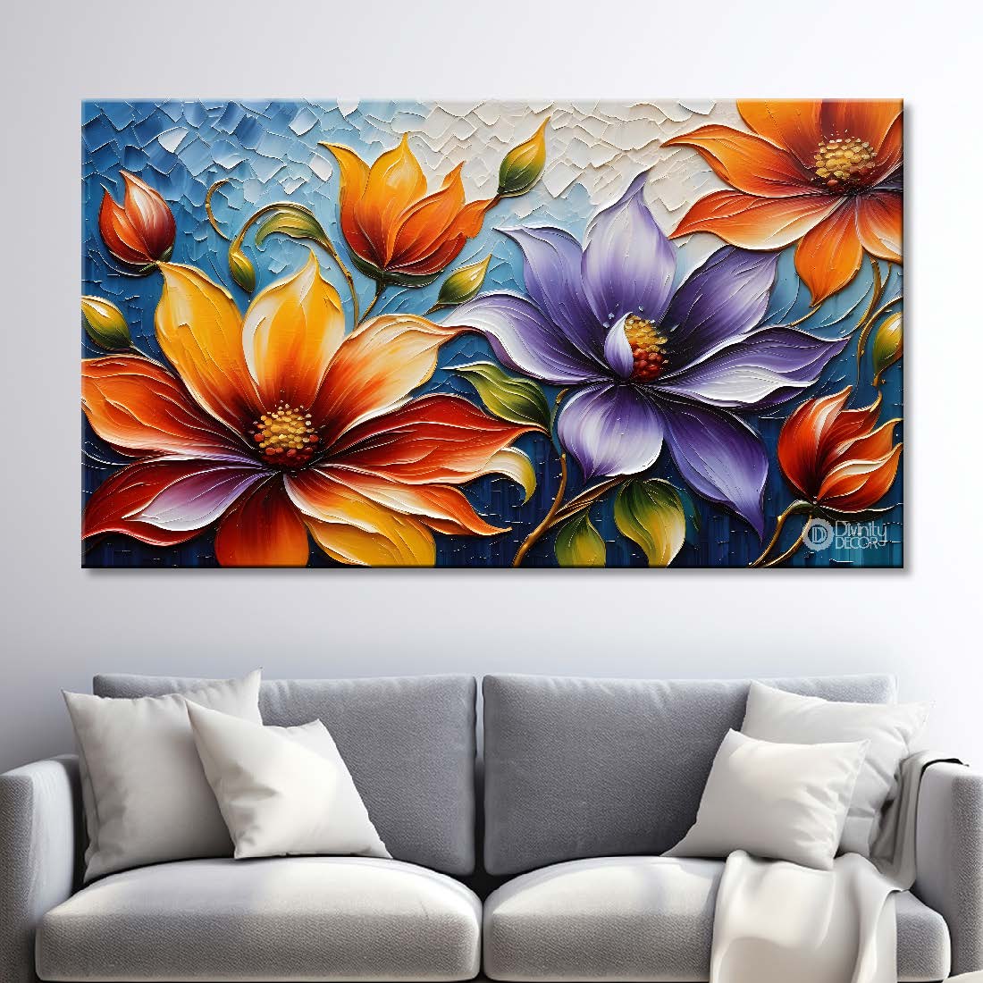 Orange and blue flowers with blue textured painting- Design - Flower-27