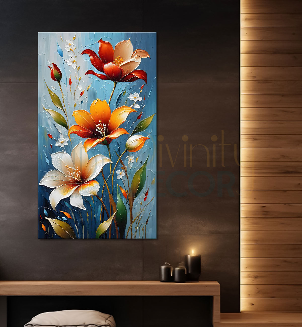 Colourful flowers in blue textured background painting - Flower-V-27