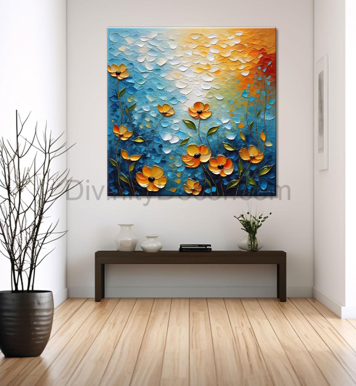 Orange flowers in blue background textured painting Canvas Painting 24X24- Nature Art -S-27