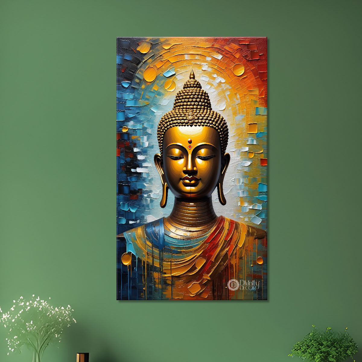 Golden buddha with colourful background textured painting - Buddha-V-27