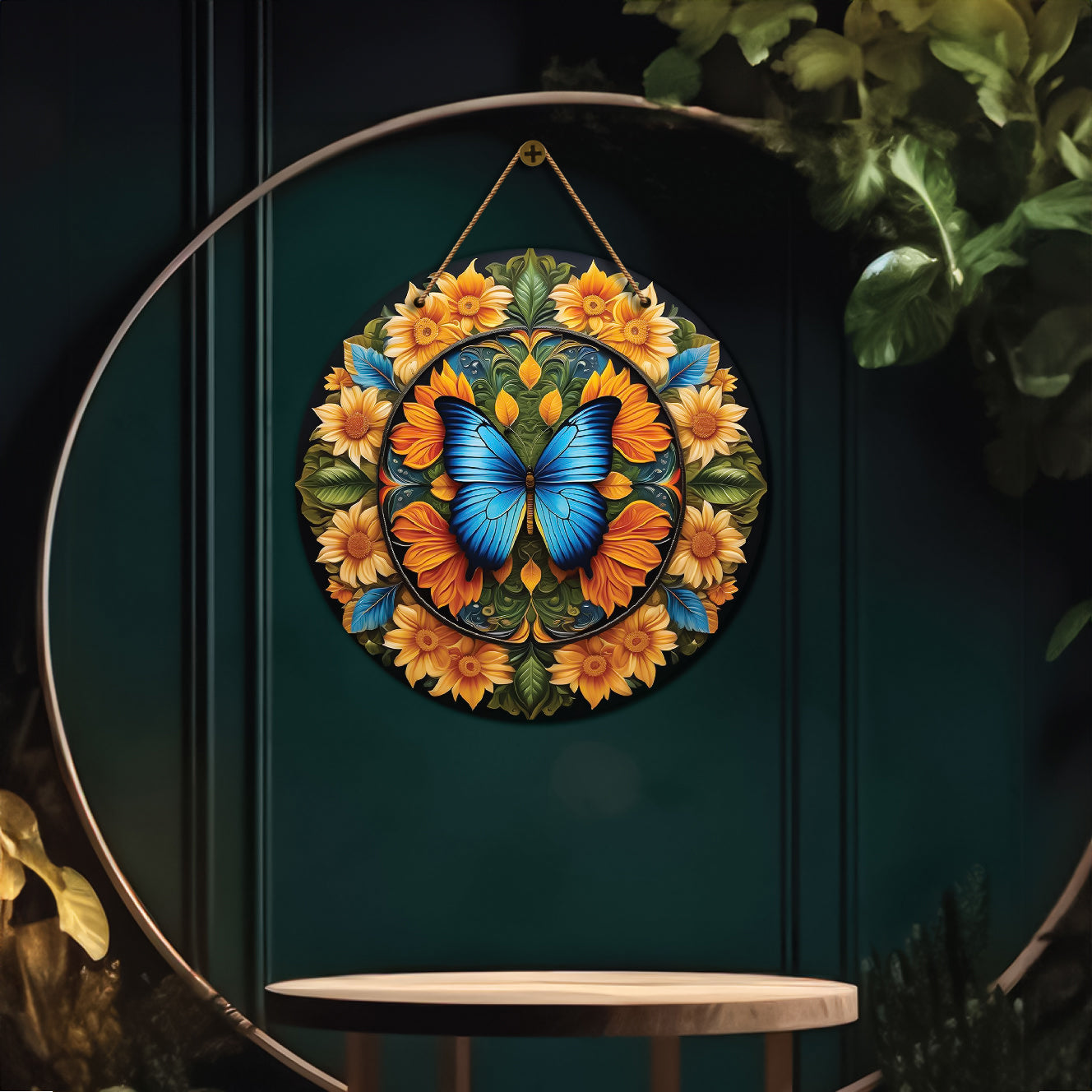 Blue Butterfly in floral and black mandala Round Wooden Wall Hanging for wall Décor - Design - 27