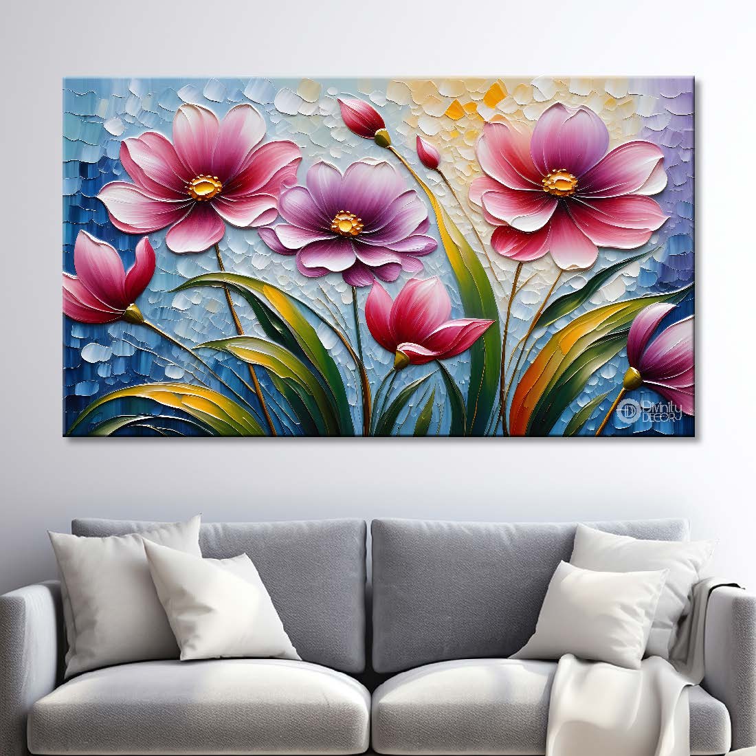 Pink flowers with blue textured painting- Design - Flower-28