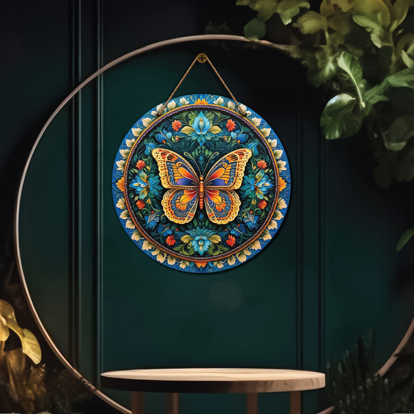 Butterfly floral and blue mandala Round Wooden Wall Hanging for wall Décor - Design - 28