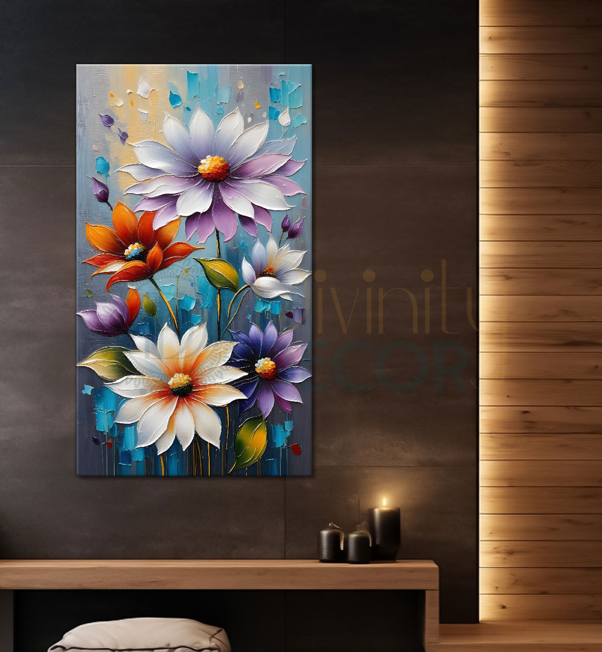Colourful flowers in blue textured background painting - Flower-V-28