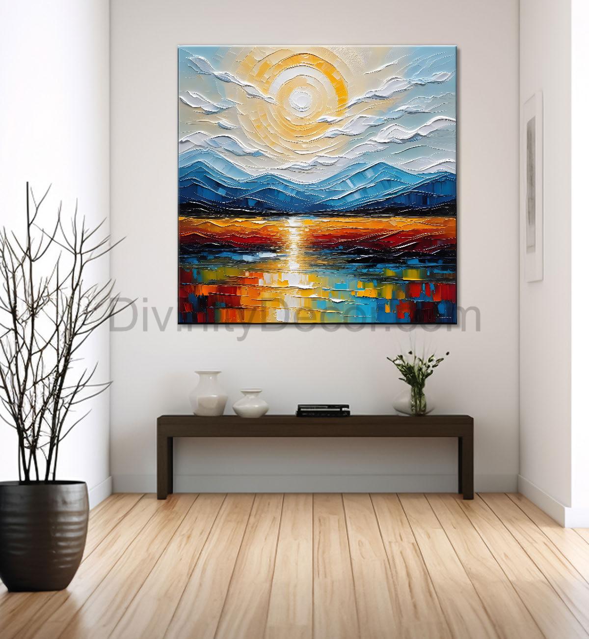 Mountians and lake with sunrise background painting Canvas Painting 24X24- Nature Art -S-28