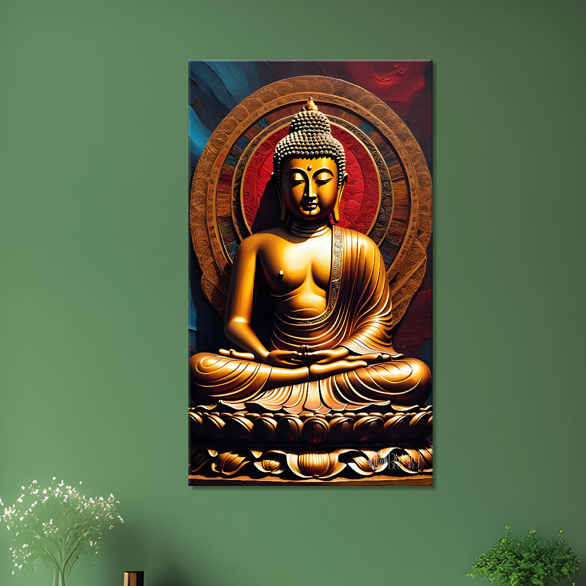 Golden buddha with red background textured painting- Buddha-V-28