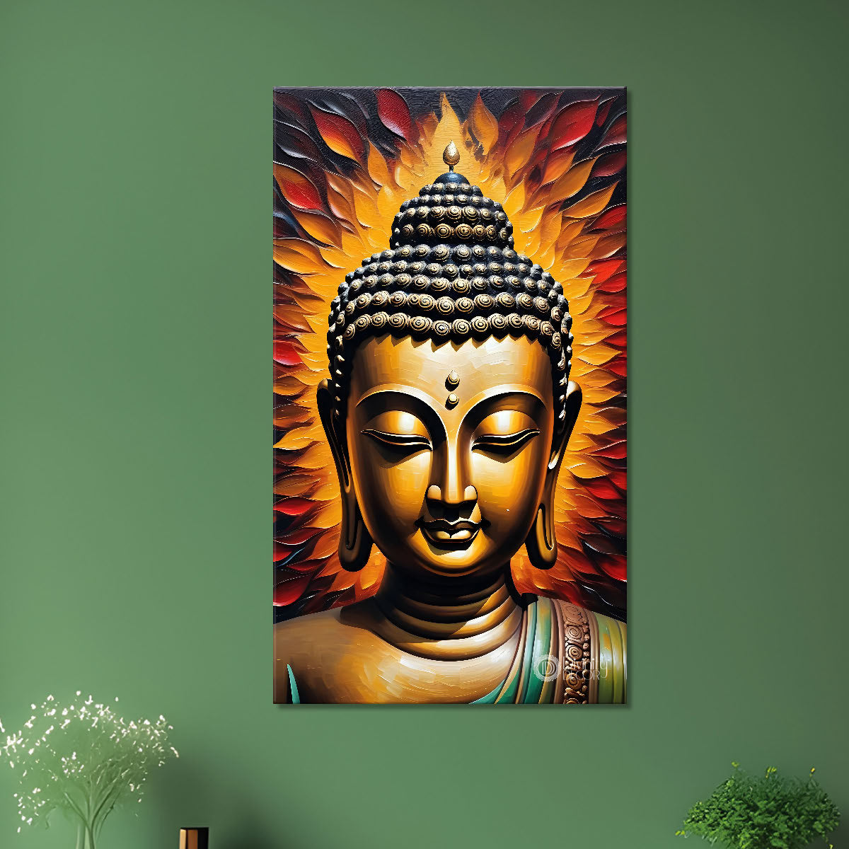 Golden buddha face with yellow and red background textured painting- Buddha-V-29