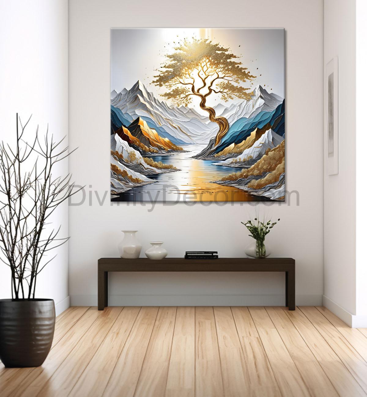 Golden tree with river and mountains in light background painting Canvas Painting 24X24 - Nature Art -S-29