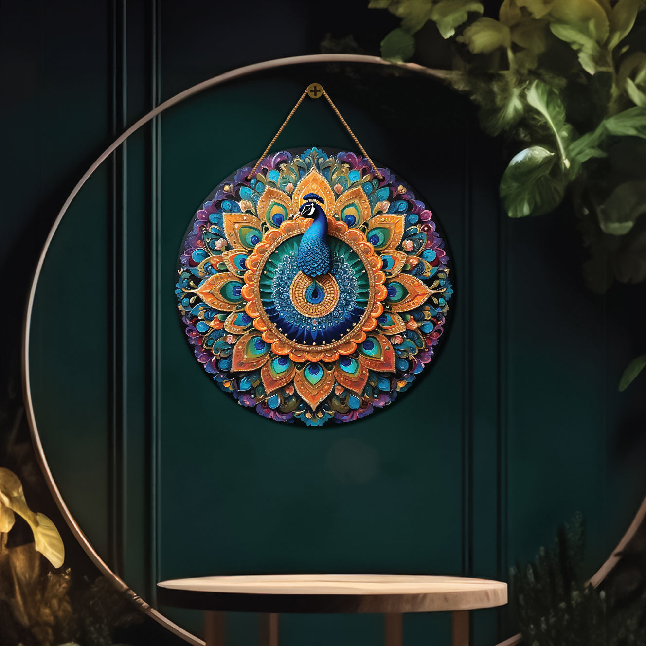 Peacock in golden and blue mandala Round Wooden Wall Hanging for wall Décor - Design - 29