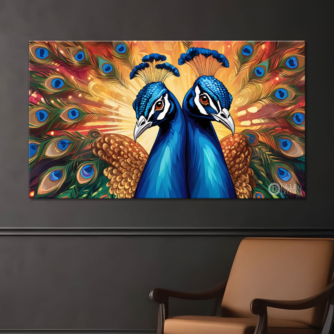 Two beautiful peacocks with colorful background Canvas Painting - Design - Peacock-3