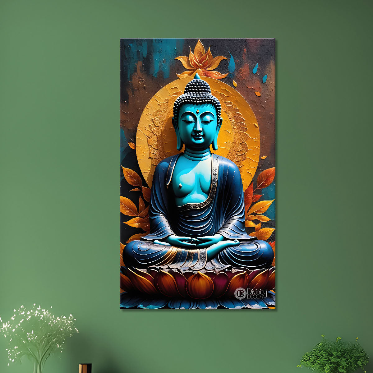 Blue buddha with yellow chakra background textured painting - Buddha-V-30