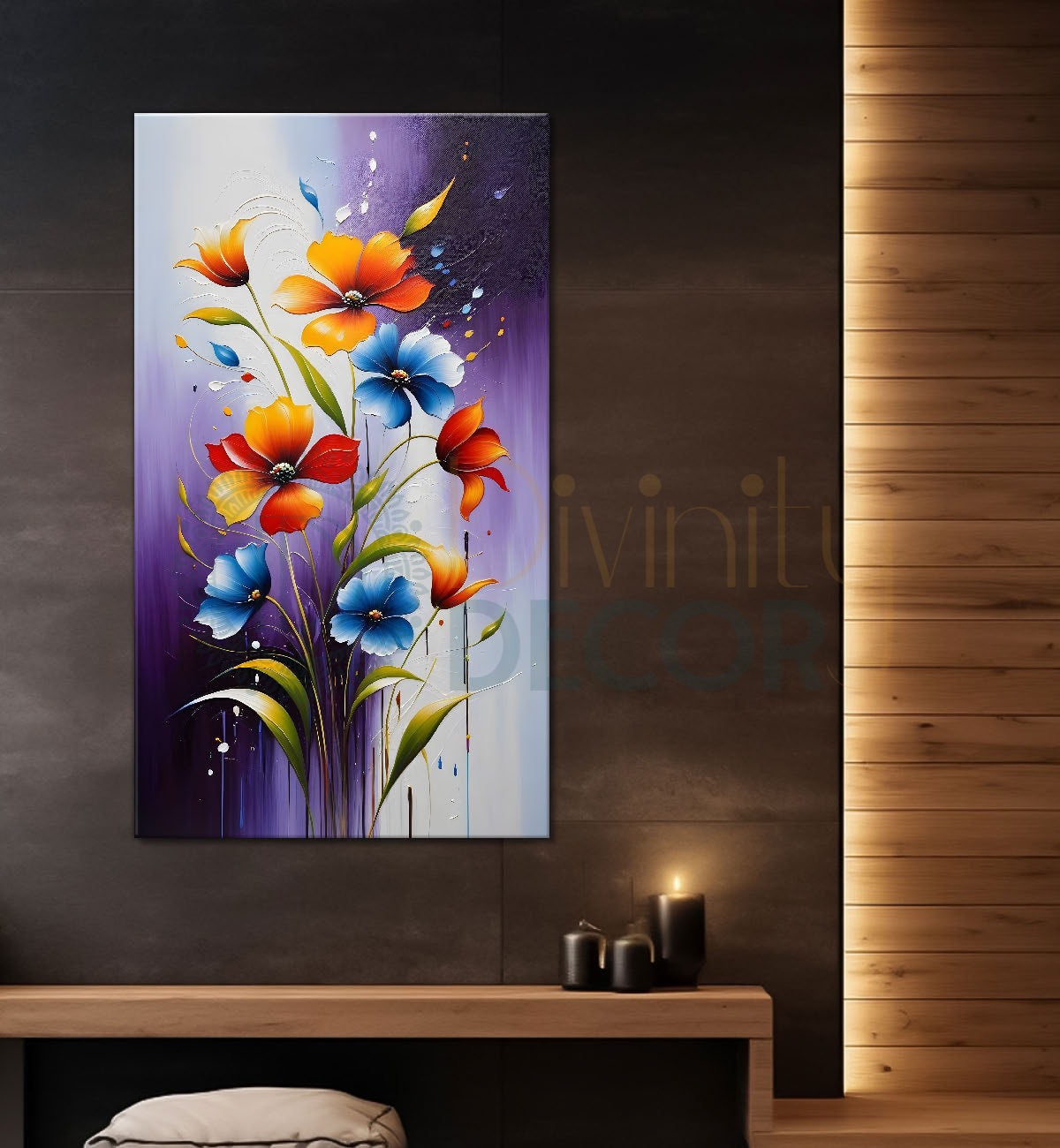 Colourful flowers in purple textured background painting - Flower-V-30