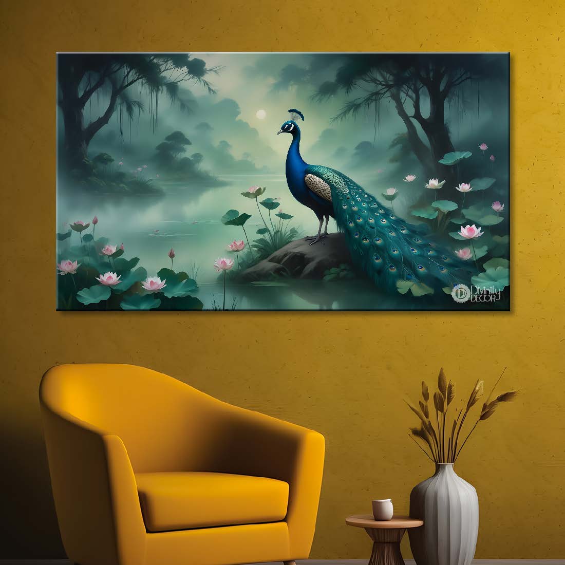 Peacock with lotus in fog textured art.- Design - Animal -30
