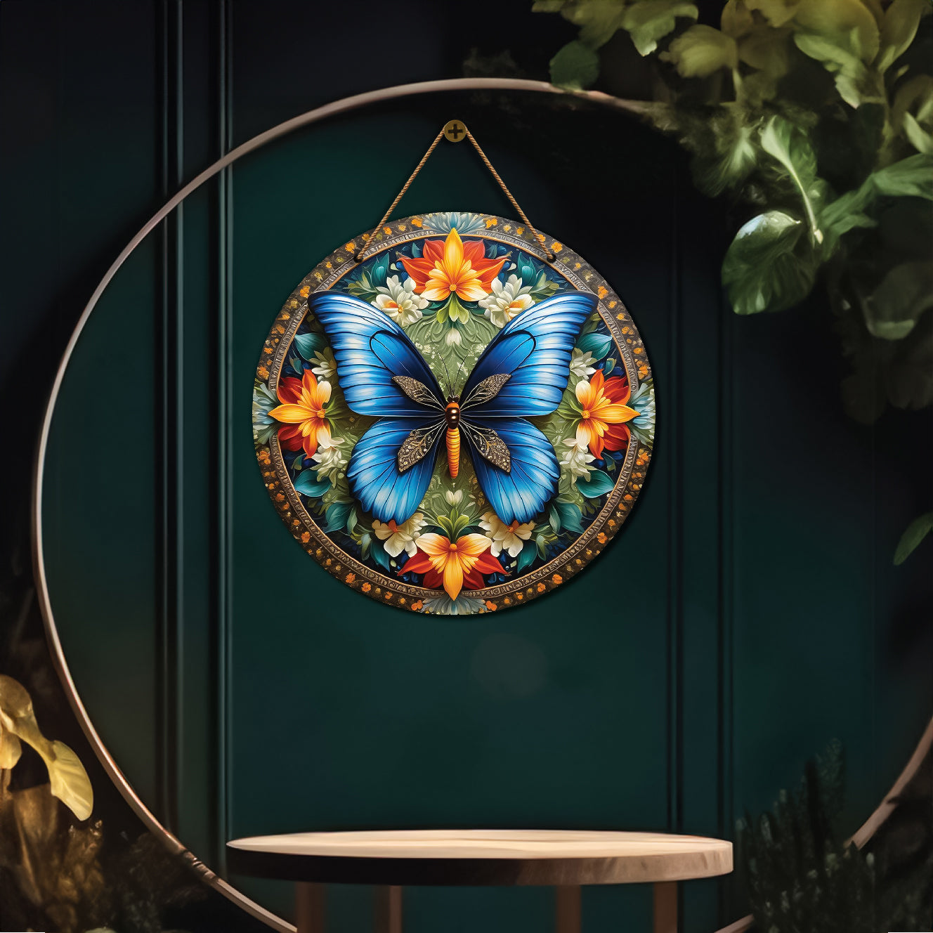 Blue butterfly in floral and blue mandala Round Wooden Wall Hanging for wall Décor - Design - 30
