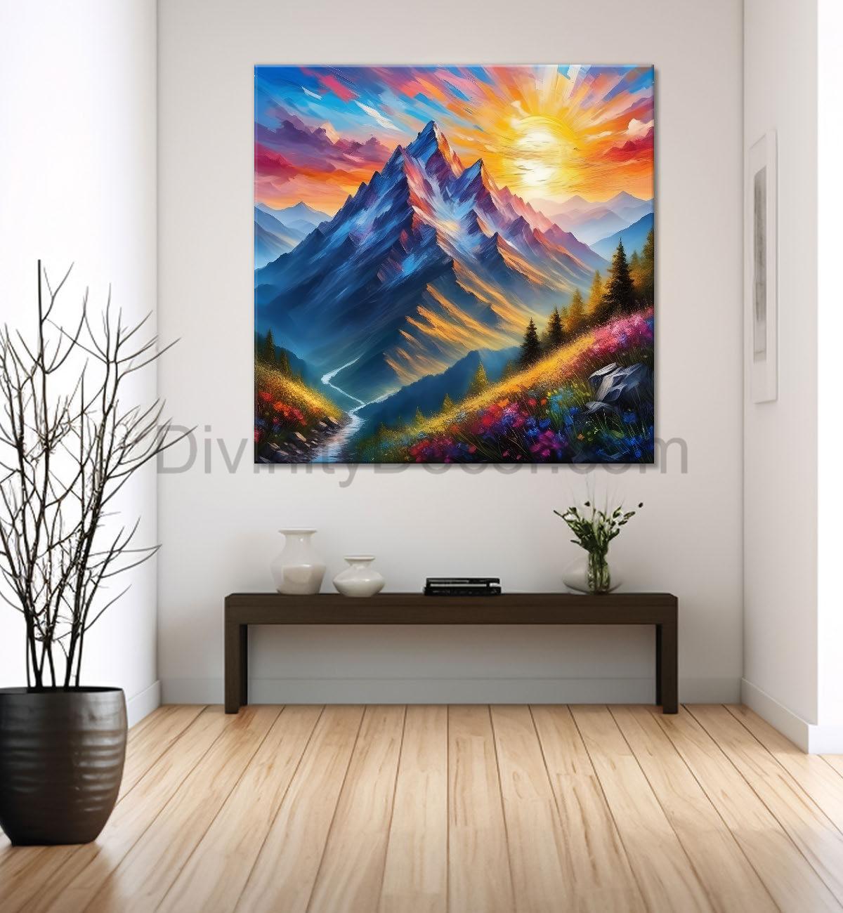 Mountains with greenery and flowers in sunrise textured painting Canvas Painting 24X24- Nature Art -S-30