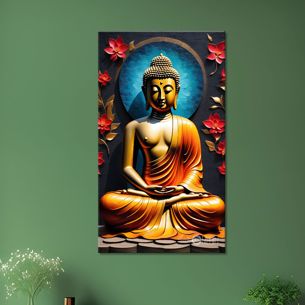 Golden buddha with blue chakra and red flowers background textured painting - Buddha-V-31