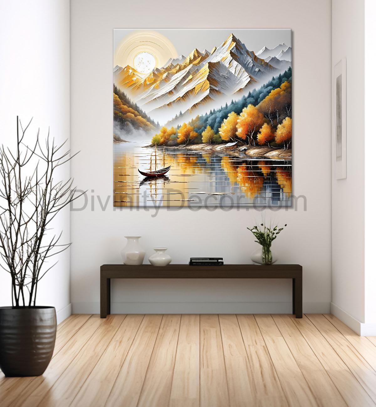 Golden tree with river and mountains in light background painting Canvas Painting 24X24- Nature Art -S-31