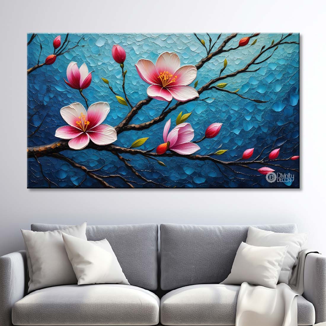 Pink flowers with blue textured painting- Design - Flower-32