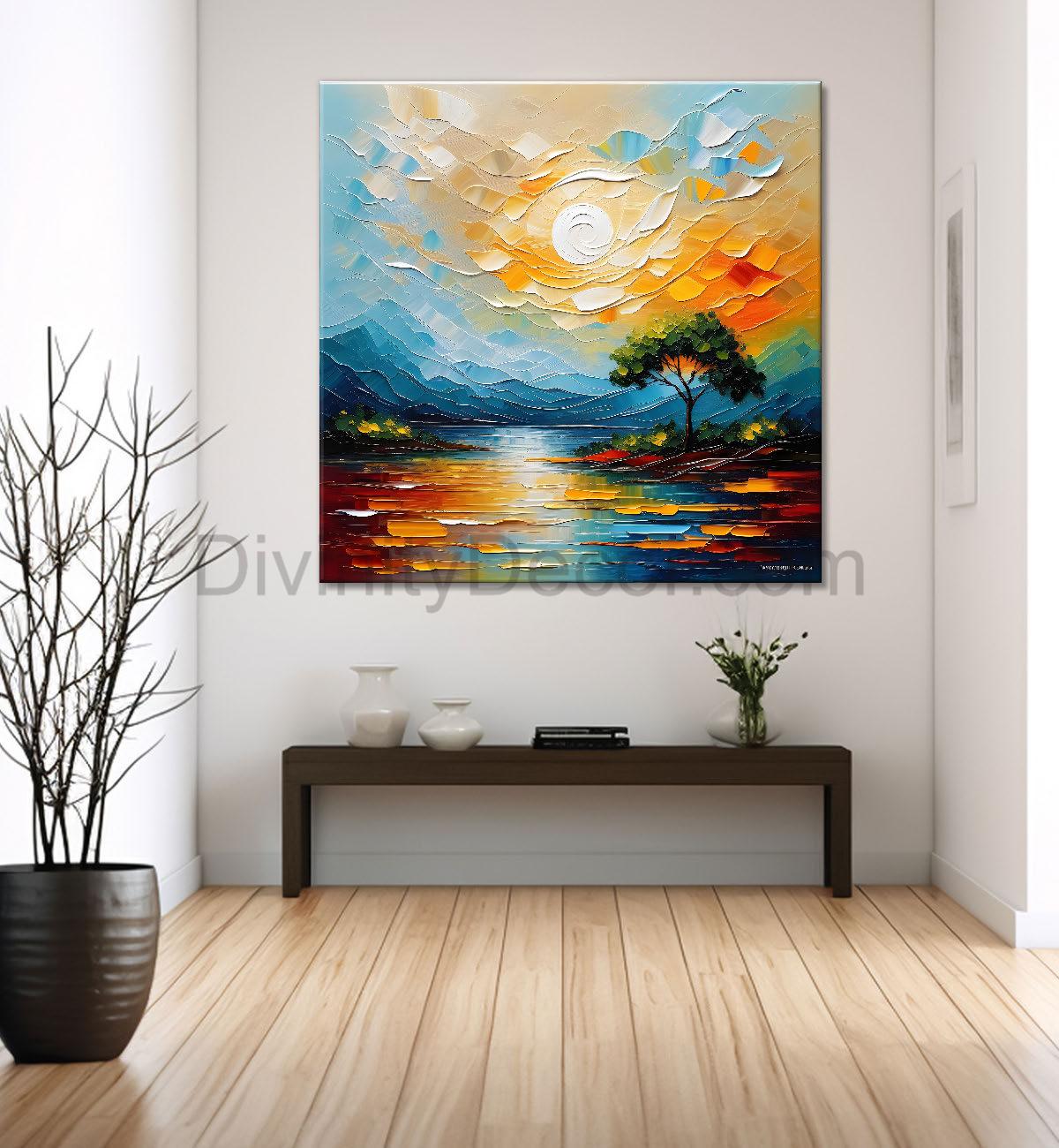 Mountains with sun and lake textuerd natural painting Canvas Painting 24X24 - Nature Art -S-32