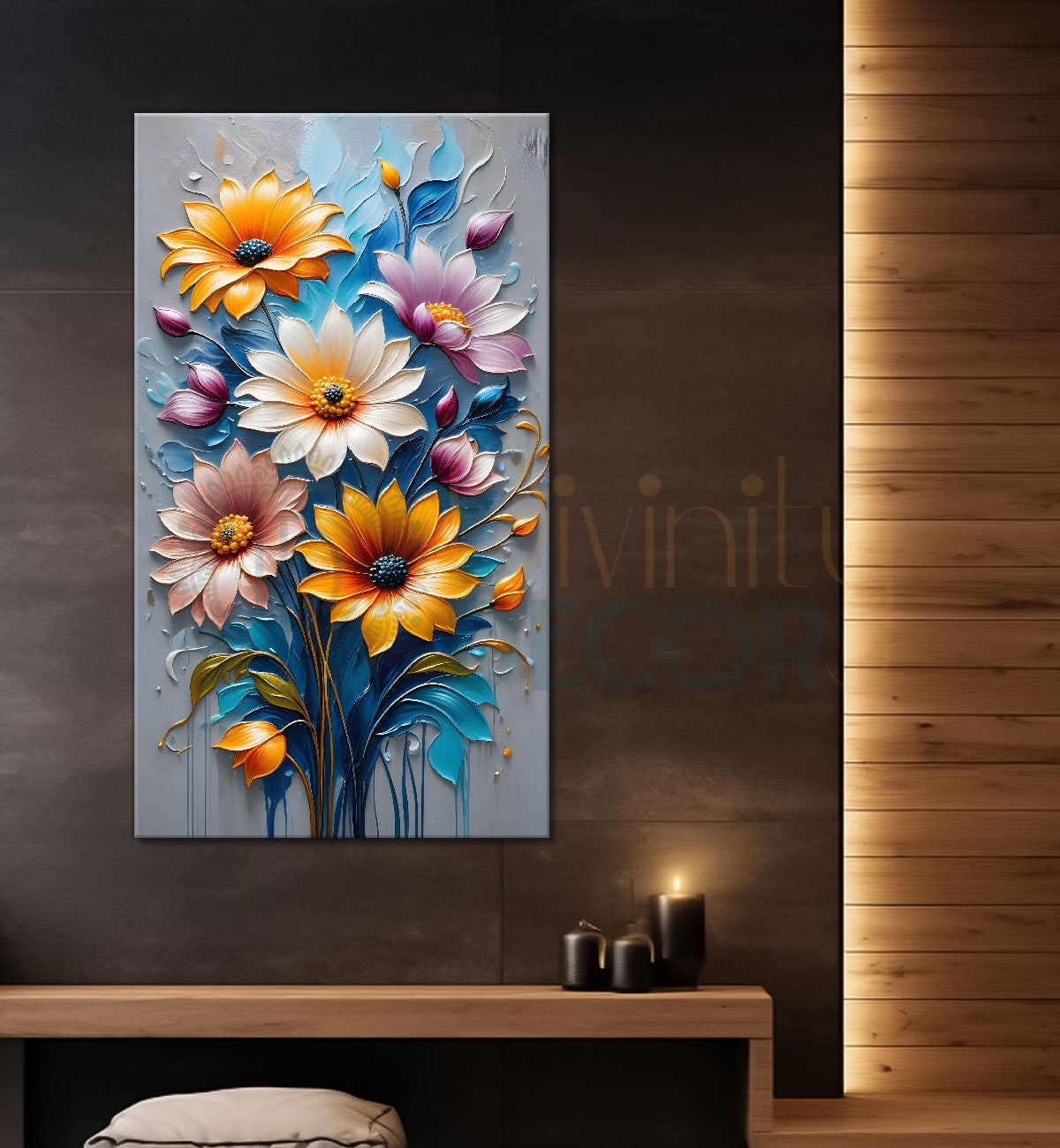 Colourful flowers in grey textured background painting - Flower-V-32