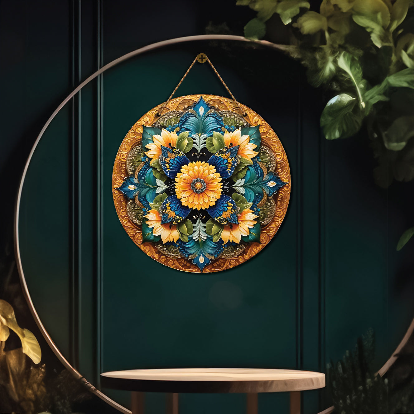 Floral in yellow and blue mandala Round Wooden Wall Hanging for wall Décor - Design - 32