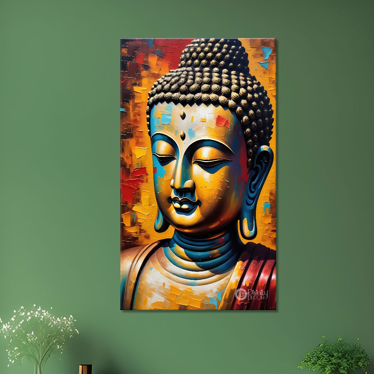 Golden buddha face with colourful background textured painting - Buddha-V-32