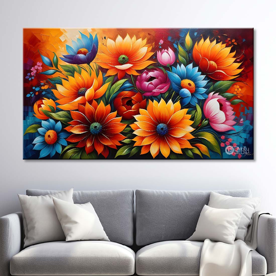 Orange and red flowers with bright textured painting- Design - Flower-33