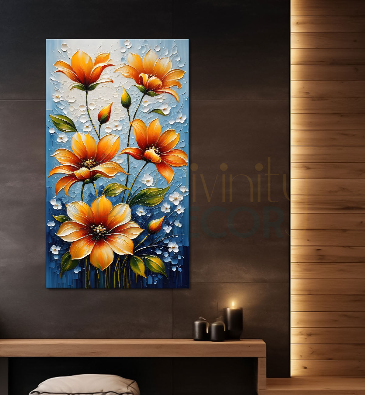 Orange flowers in grey textured background painting - Flower-V-33