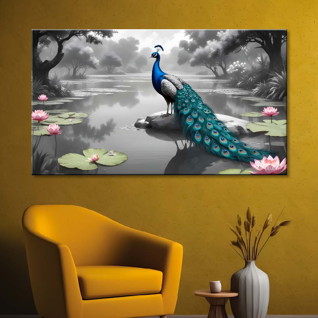 Peacock with lotus in fog textured art.- Design - Animal -33