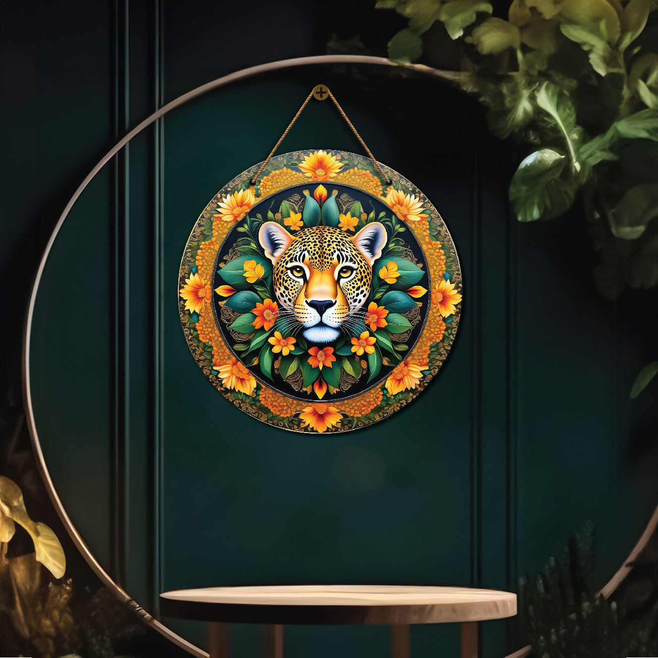 Tiger in green and orange mandala Round Wooden Wall Hanging for wall Décor - Design - 33