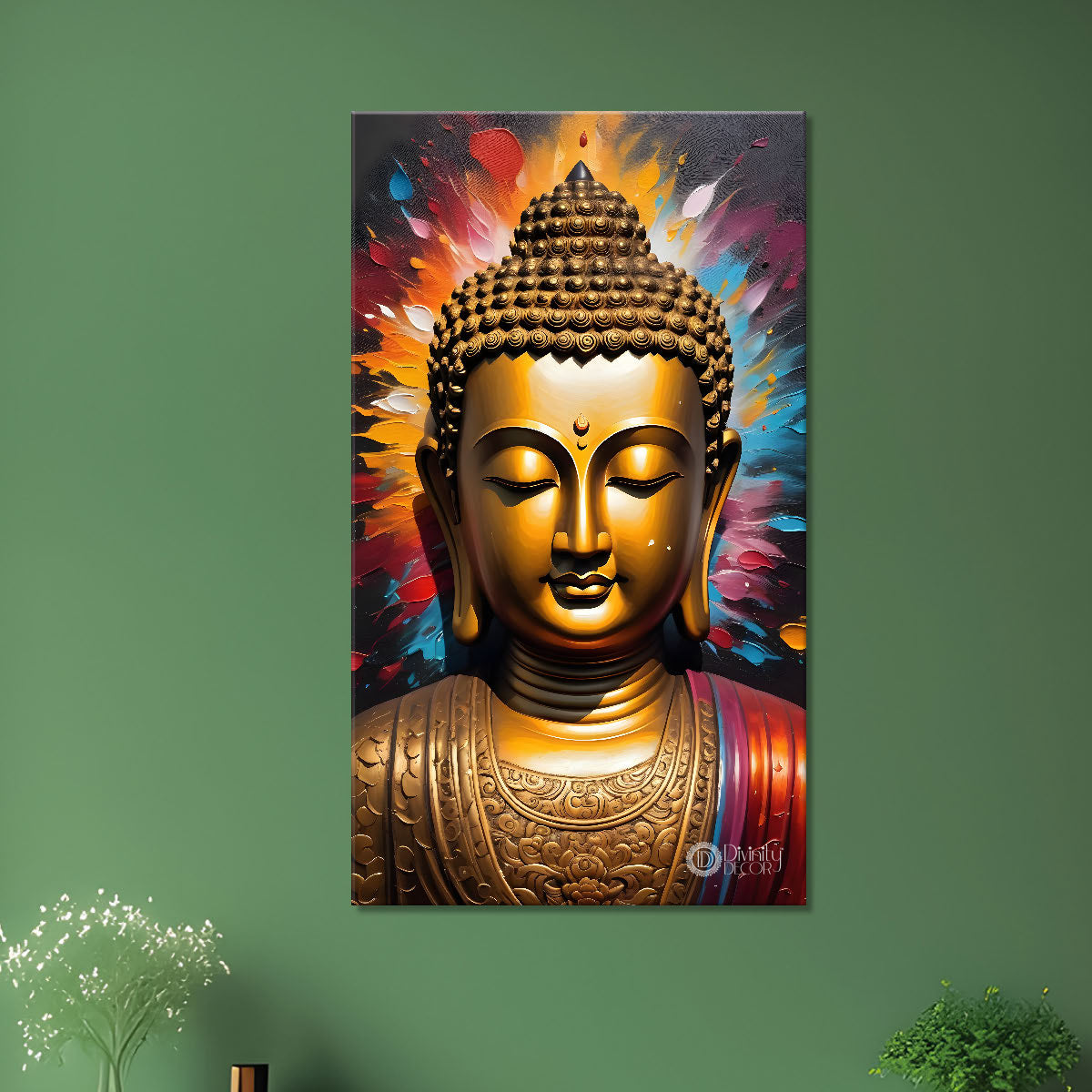 Golden buddha face with colourful background textured painting - Buddha-V-33