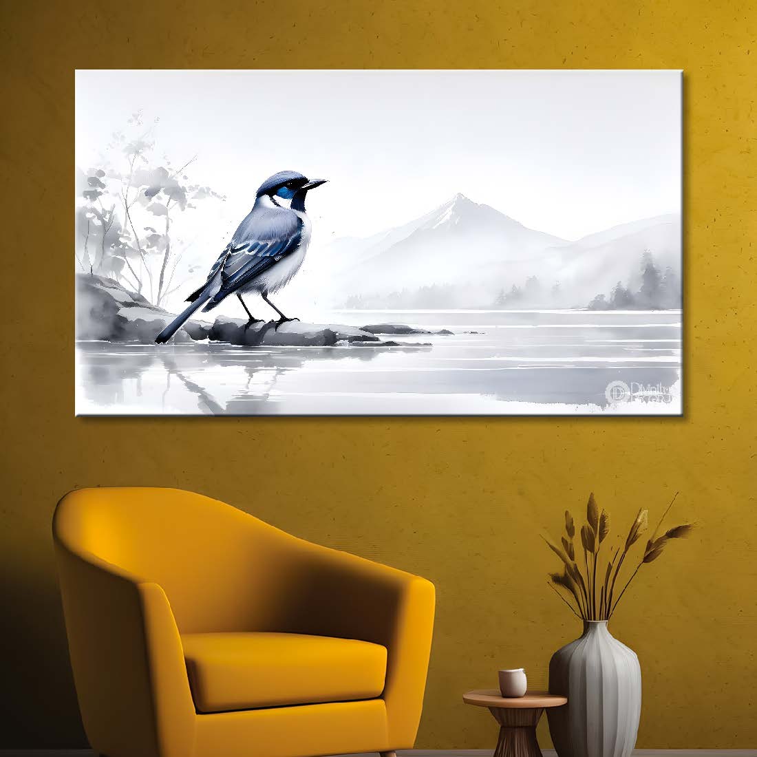 Blue cute bird in white and fog textured art. - Design - Animal - 34