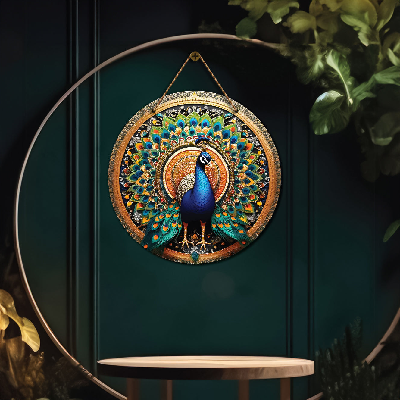 Peacock in green and golden mandala Round Wooden Wall Hanging for wall Décor - Design - 34
