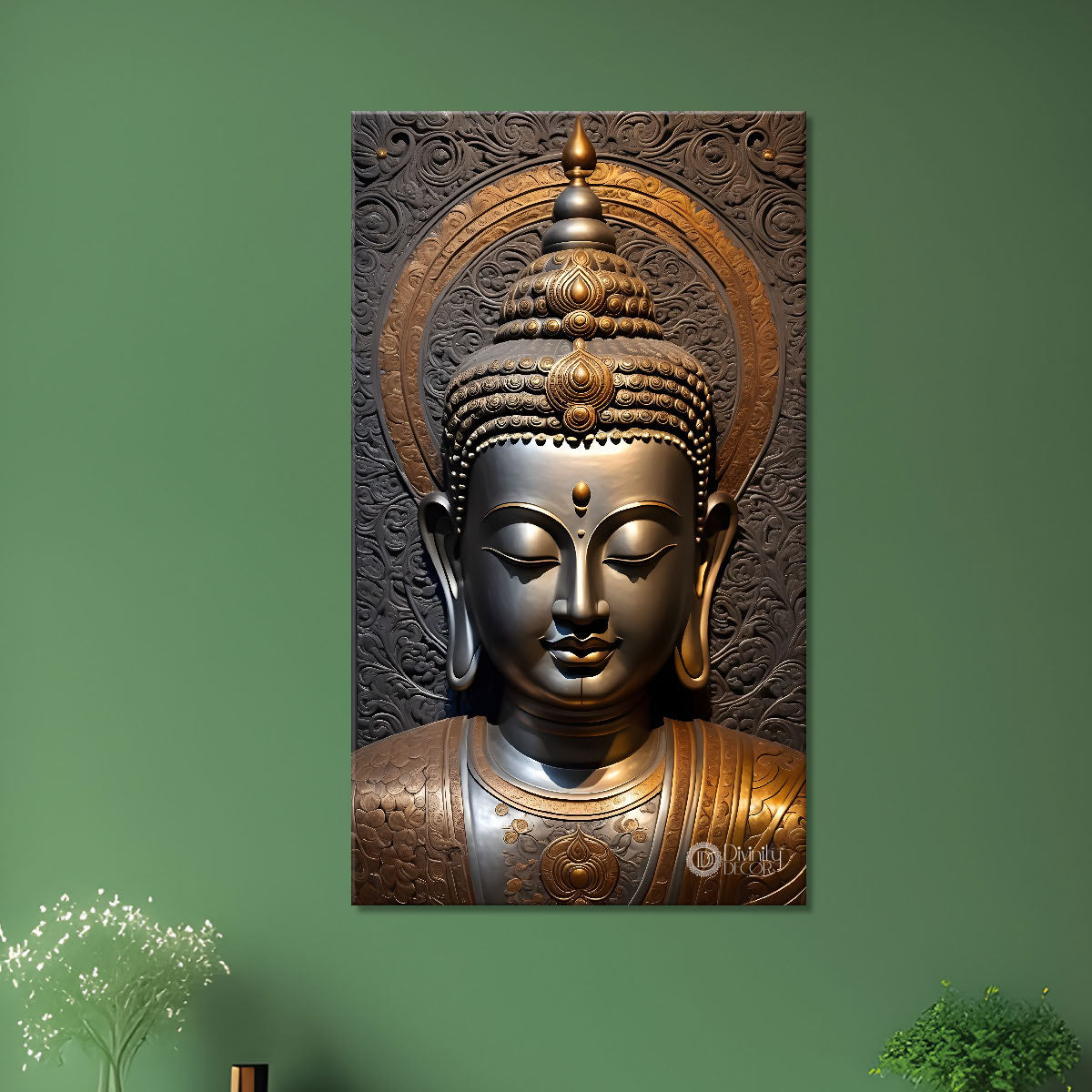Golden buddha face with grey background textured painting - Buddha-V-34