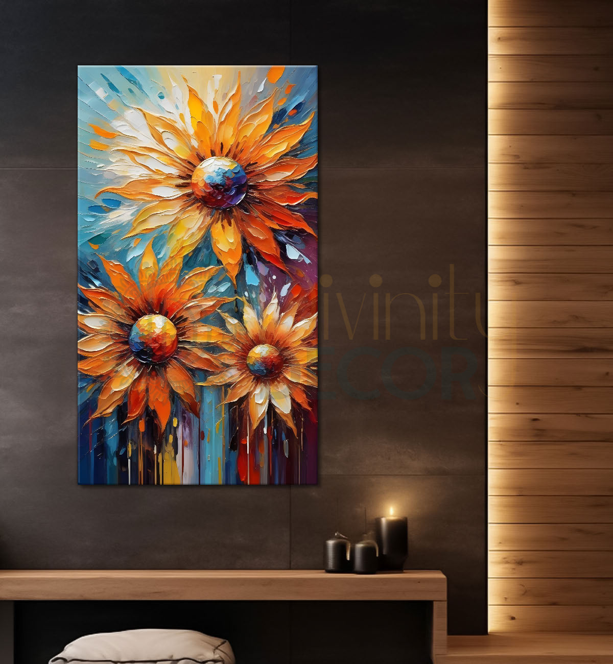 Orange flowers in colourful textured background painting- Flower-V-34