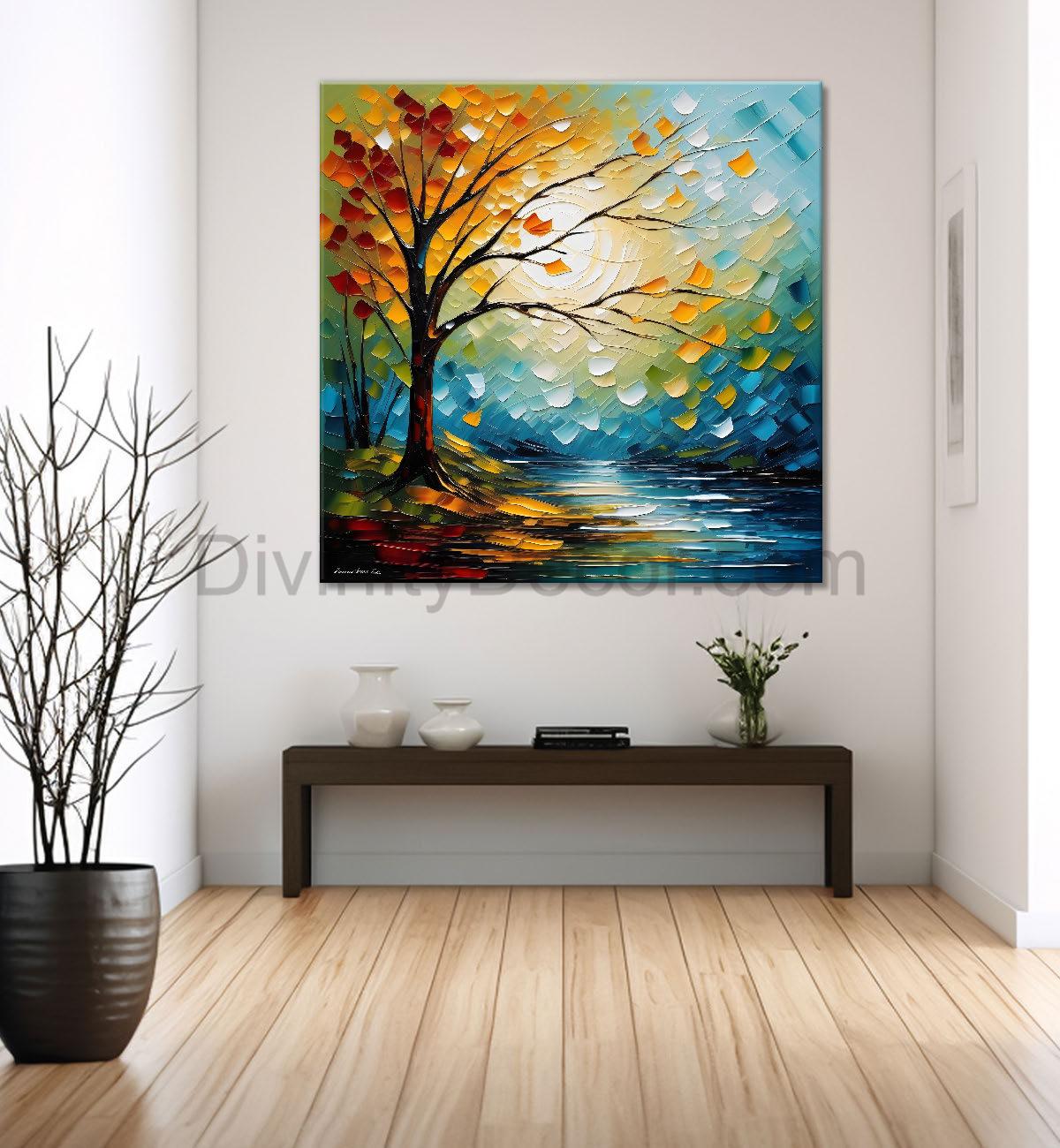 Colourful tree with lake in textured natural art painting Canvas Painting 24X24 - Nature Art -S-34