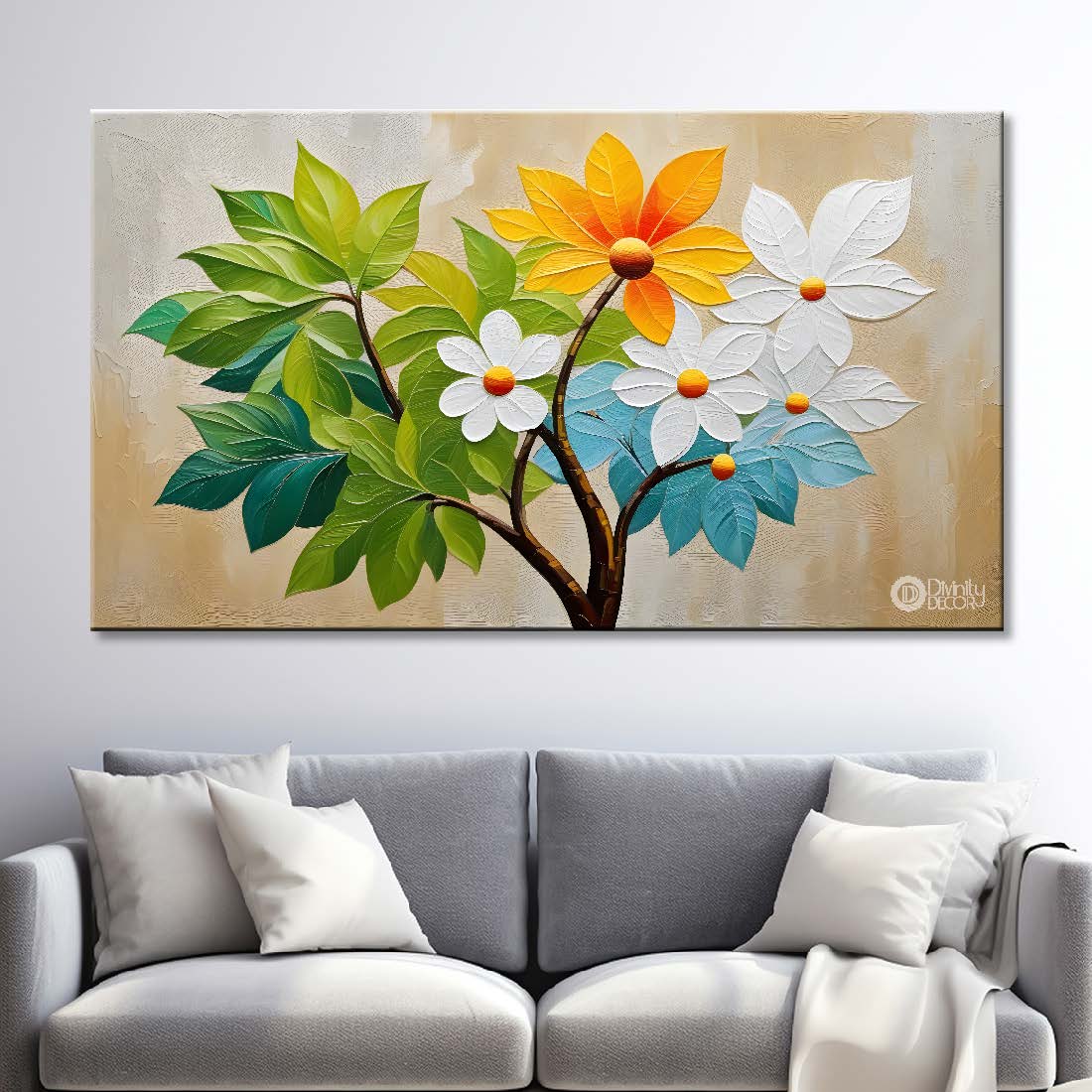 White flowers with green leaves textured painting- Design - Flower-35