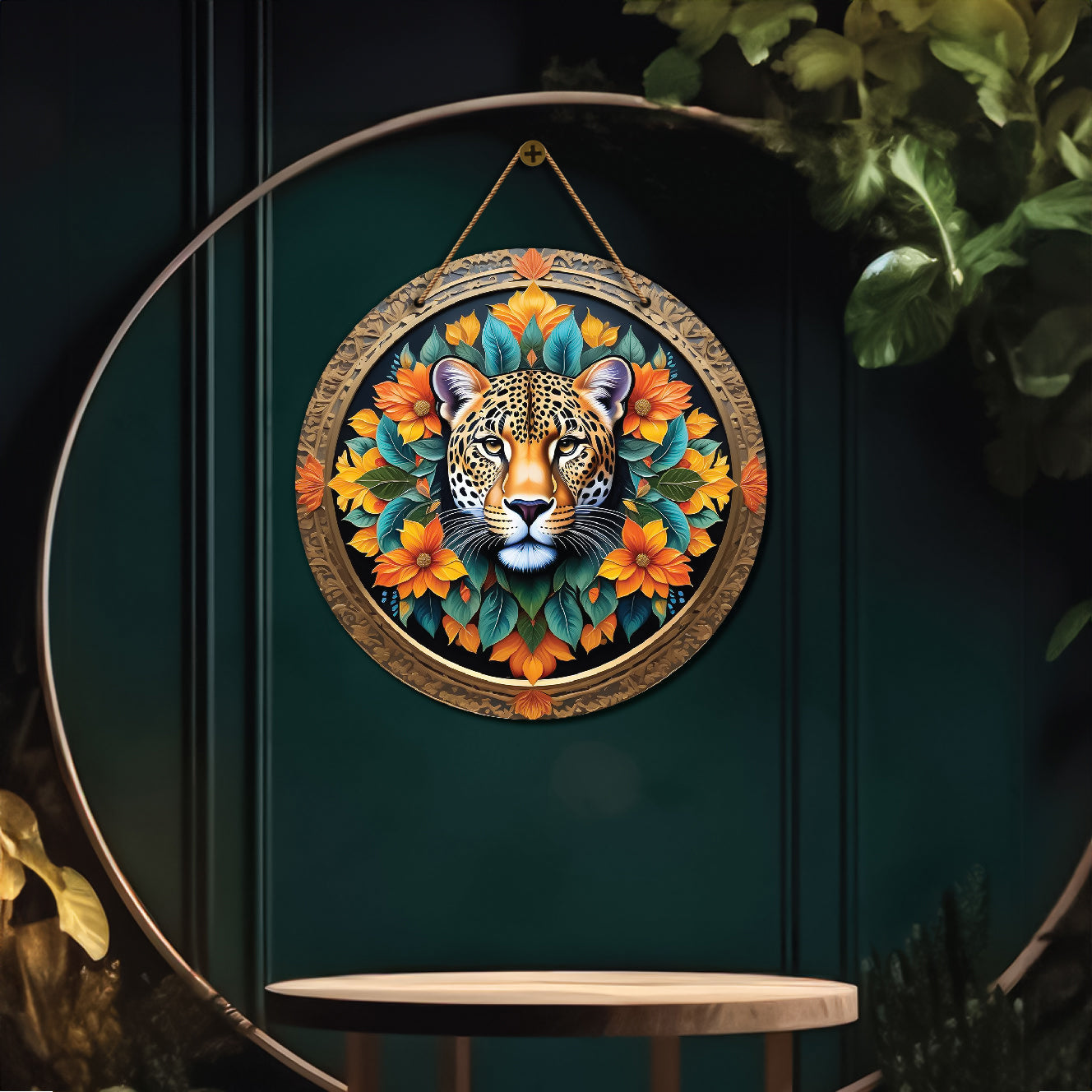 Tiger in green and orange mandala Round Wooden Wall Hanging for wall Décor - Design - 35